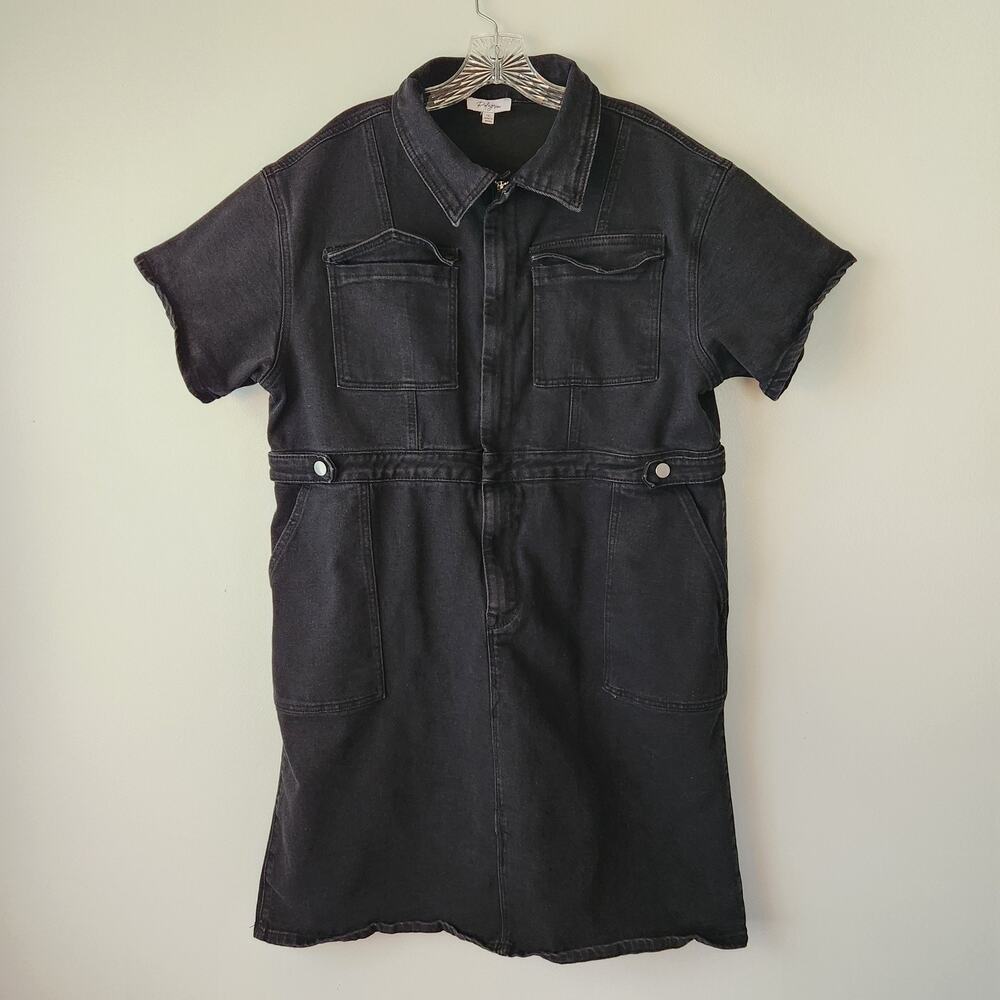 Polagram Jean Dress Women's 1XL Muted Black Denim Knee Length 90's Style Utility